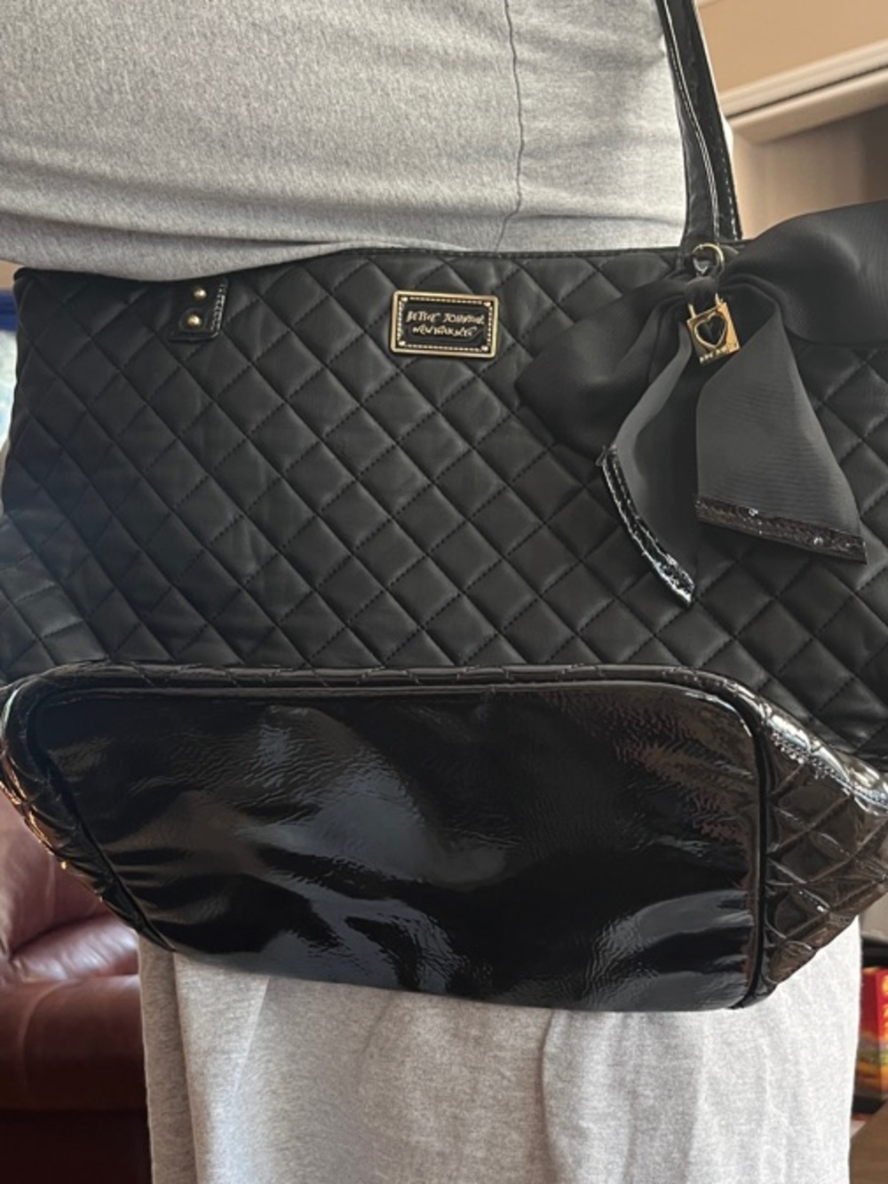 Betsey Johnson - Black Quilted Tote Bag with Bow Accent